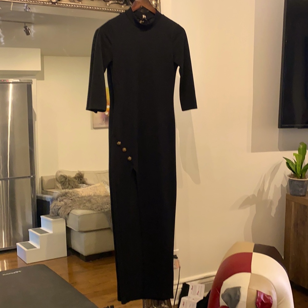 GORGEOUS High Thigh Slit Floor Length Dress Form Fitting with High Neckline